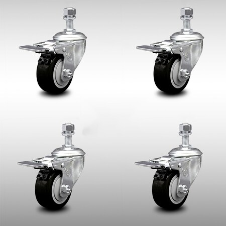 Service Caster 3 Inch SS Black Polyurethane 1/2 Inch Threaded Stem Caster Set Total Lock Brake SCC-SSTSTTL20S314-PPUB-BLK-121315-4